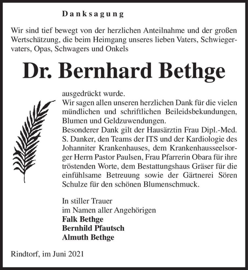 Traueranzeige für Bernhard Bethge  vom 22.06.2021 aus Magdeburger Volksstimme