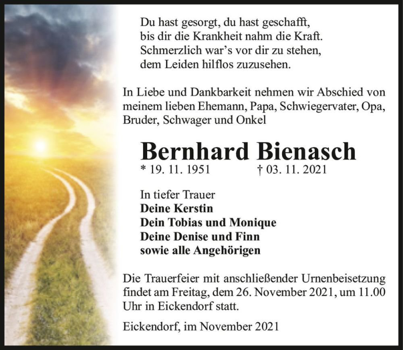  Traueranzeige für Bernhard Bienasch  vom 13.11.2021 aus Magdeburger Volksstimme