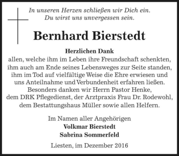 Traueranzeige von Bernhard Bierstedt  von Magdeburger Volksstimme