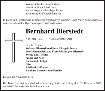 Traueranzeige von Bernhard Bierstedt  von Magdeburger Volksstimme
