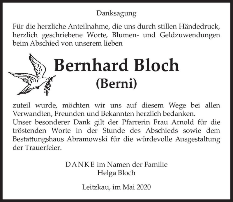  Traueranzeige für Bernhard Bloch (Berni)  vom 30.05.2020 aus Magdeburger Volksstimme