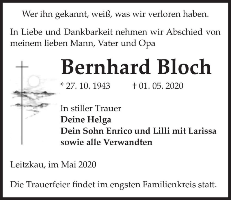  Traueranzeige für Bernhard Bloch  vom 09.05.2020 aus Magdeburger Volksstimme