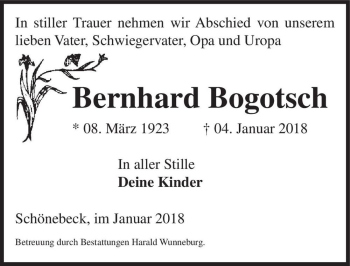Traueranzeige von Bernhard Bogotsch  von Magdeburger Volksstimme