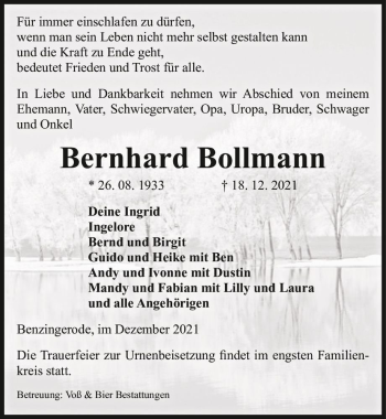 Traueranzeige von Bernhard Bollmann  von Magdeburger Volksstimme