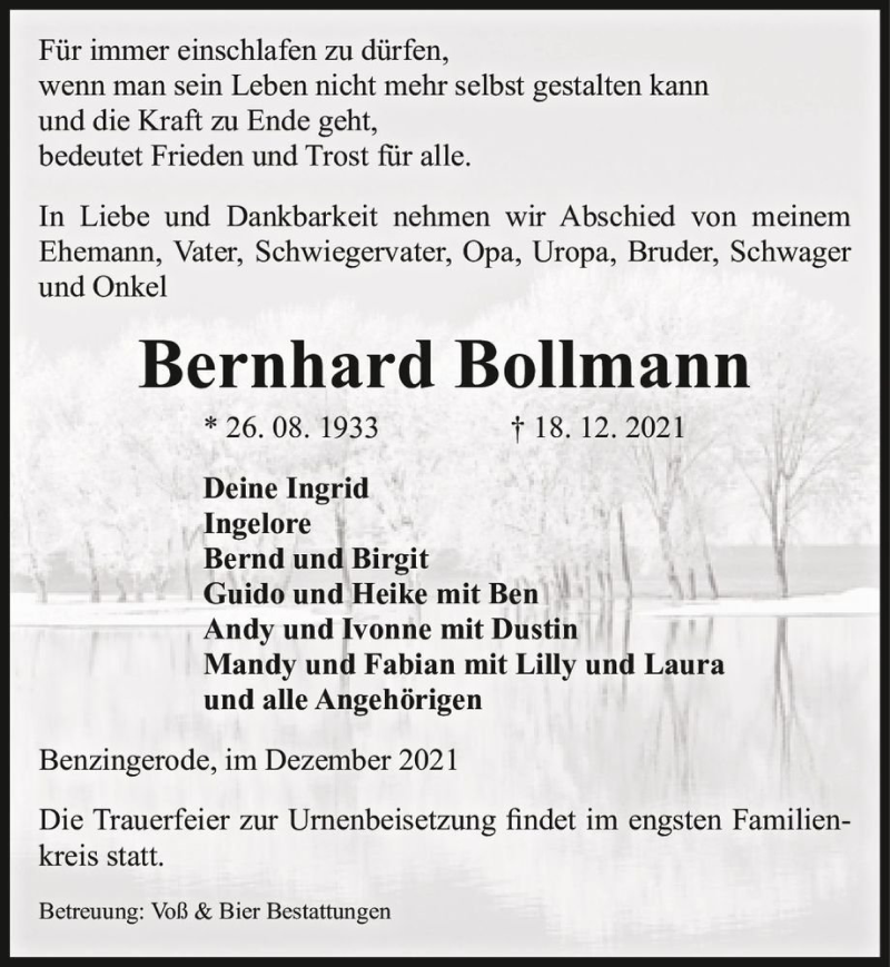  Traueranzeige für Bernhard Bollmann  vom 22.12.2021 aus Magdeburger Volksstimme