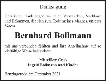 Traueranzeige von Bernhard Bollmann  von Magdeburger Volksstimme
