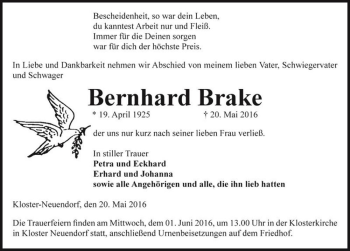 Traueranzeige von Bernhard Brake  von Magdeburger Volksstimme