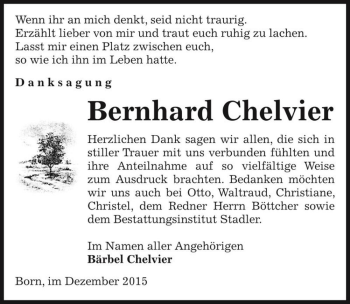 Traueranzeige von Bernhard Chelvier  von Magdeburger Volksstimme