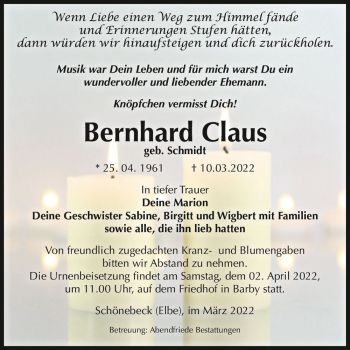 Traueranzeige von Bernhard Claus (geb. Schmidt)  von Magdeburger Volksstimme