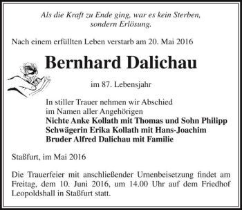 Traueranzeige von Bernhard Dalichau  von Magdeburger Volksstimme