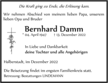 Traueranzeige von Bernhard Damm  von Magdeburger Volksstimme