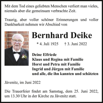 Traueranzeige von Bernhard Deike  von Magdeburger Volksstimme