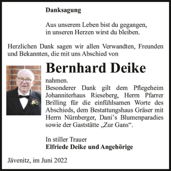 Traueranzeige von Bernhard Deike  von Magdeburger Volksstimme