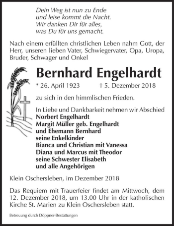Traueranzeige von Bernhard Engelhardt  von Magdeburger Volksstimme