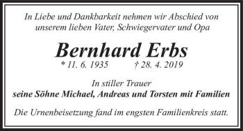 Traueranzeige von Bernhard Erbs  von Magdeburger Volksstimme