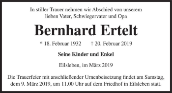 Traueranzeige von Bernhard Ertelt  von Magdeburger Volksstimme
