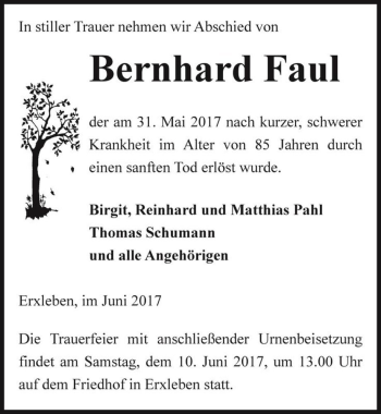 Traueranzeige von Bernhard Faul  von Magdeburger Volksstimme