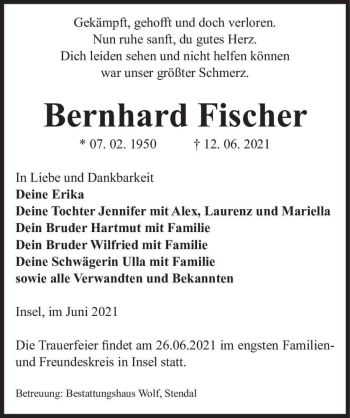 Traueranzeige von Bernhard Fischer  von Magdeburger Volksstimme