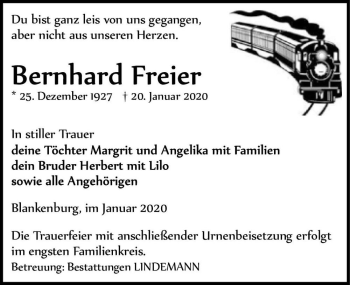 Traueranzeige von Bernhard Freier  von Magdeburger Volksstimme