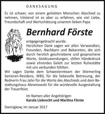 Traueranzeige von Bernhard Förste  von Magdeburger Volksstimme