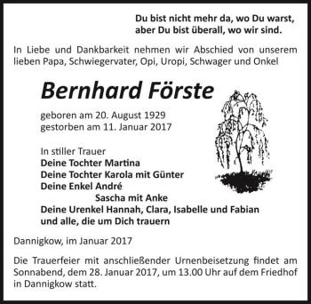 Traueranzeige von Bernhard Förste  von Magdeburger Volksstimme