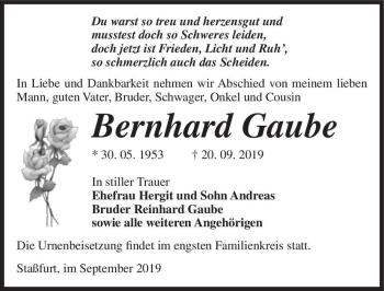 Traueranzeige von Bernhard Gaube  von Magdeburger Volksstimme