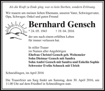 Traueranzeige von Bernhard Gensch  von Magdeburger Volksstimme