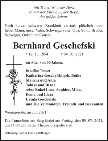 Traueranzeige von Bernhard Geschefski  von Magdeburger Volksstimme