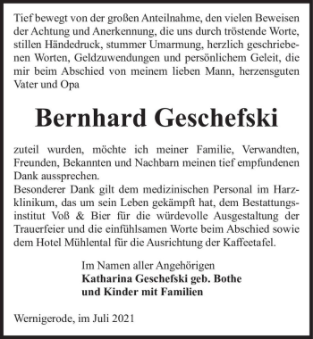 Traueranzeige von Bernhard Geschefski  von Magdeburger Volksstimme