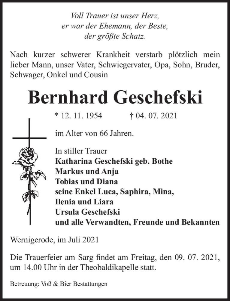  Traueranzeige für Bernhard Geschefski  vom 07.07.2021 aus Magdeburger Volksstimme