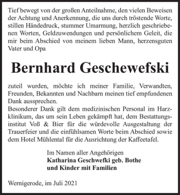 Traueranzeige von Bernhard Geschewefski  von Magdeburger Volksstimme