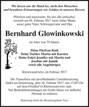 Traueranzeige von Bernhard Glowinkowski  von Magdeburger Volksstimme