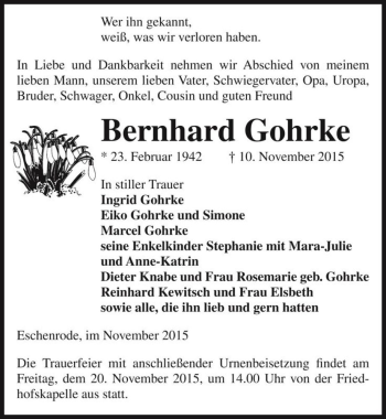 Traueranzeige von Bernhard Gohrke  von Magdeburger Volksstimme