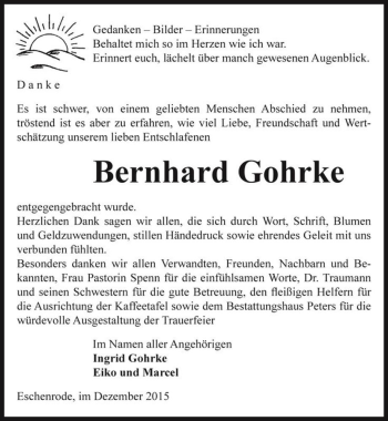 Traueranzeige von Bernhard Gohrke  von Magdeburger Volksstimme