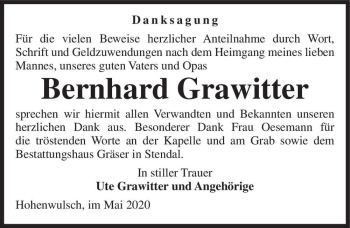 Traueranzeige von Bernhard Grawitter  von Magdeburger Volksstimme