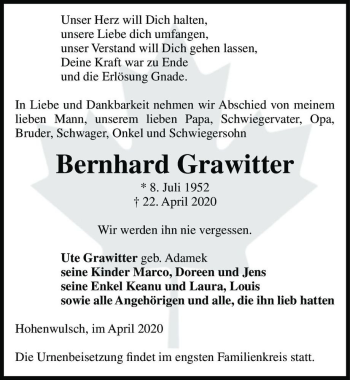 Traueranzeige von Bernhard Grawitter  von Magdeburger Volksstimme