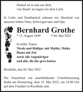 Traueranzeige von Bernhard Grothe  von Magdeburger Volksstimme