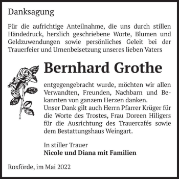 Traueranzeige von Bernhard Grothe  von Magdeburger Volksstimme