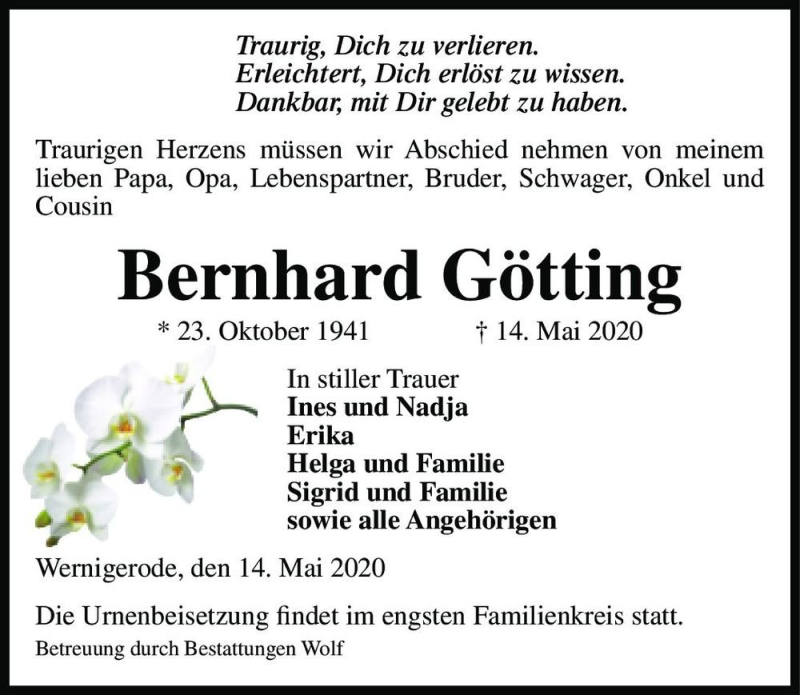  Traueranzeige für Bernhard Götting  vom 20.05.2020 aus Magdeburger Volksstimme