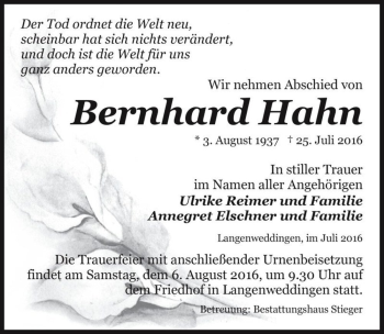 Traueranzeige von Bernhard Hahn  von Magdeburger Volksstimme