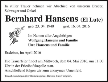 Traueranzeige von Bernhard Hansens (El Lute)  von Magdeburger Volksstimme
