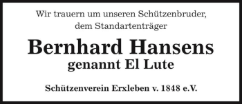 Traueranzeige von Bernhard Hansens 
