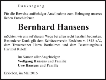 Traueranzeige von Bernhard Hansens  von Magdeburger Volksstimme