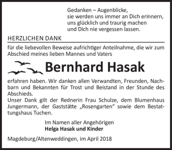 Traueranzeige von Bernhard Hasak  von Magdeburger Volksstimme