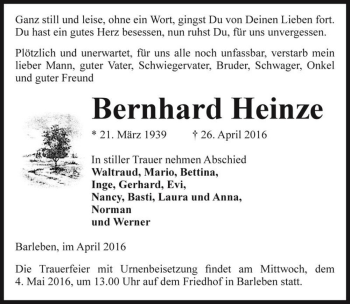Traueranzeige von Bernhard Heinze  von Magdeburger Volksstimme