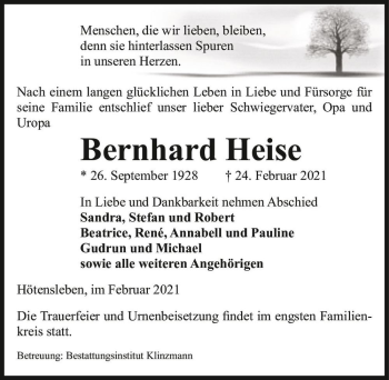 Traueranzeige von Bernhard Heise  von Magdeburger Volksstimme