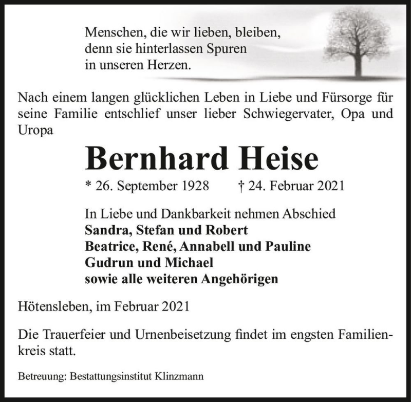  Traueranzeige für Bernhard Heise  vom 27.02.2021 aus Magdeburger Volksstimme
