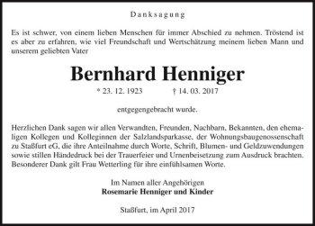 Traueranzeige von Bernhard Henniger  von Magdeburger Volksstimme