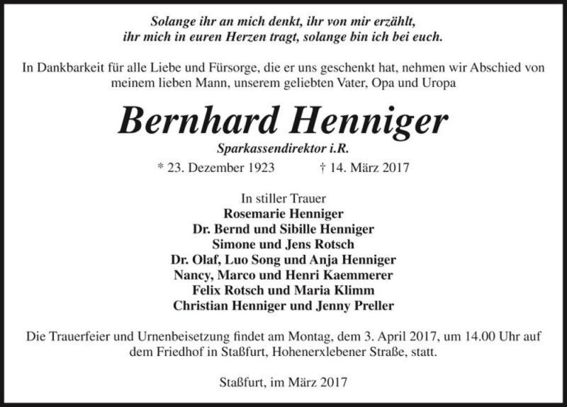  Traueranzeige für Bernhard Henniger  vom 18.03.2017 aus Magdeburger Volksstimme