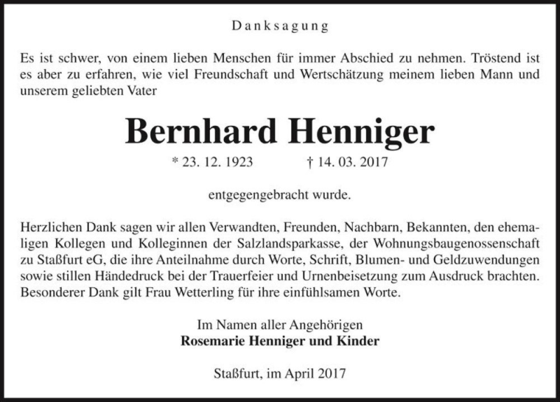  Traueranzeige für Bernhard Henniger  vom 08.04.2017 aus Magdeburger Volksstimme